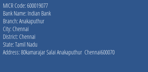 Indian Bank Anakaputhur MICR Code