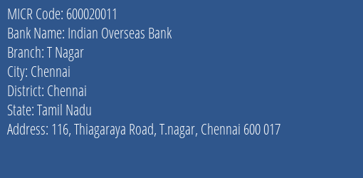 Indian Overseas Bank T Nagar MICR Code