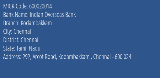 Indian Overseas Bank Kodambakkam MICR Code