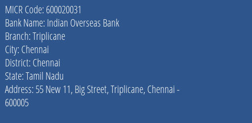 Indian Overseas Bank Triplicane MICR Code