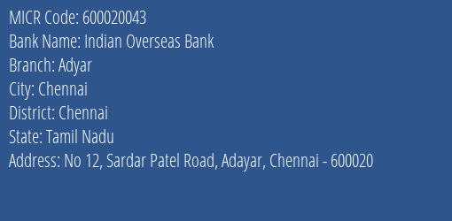 Indian Overseas Bank Adyar MICR Code