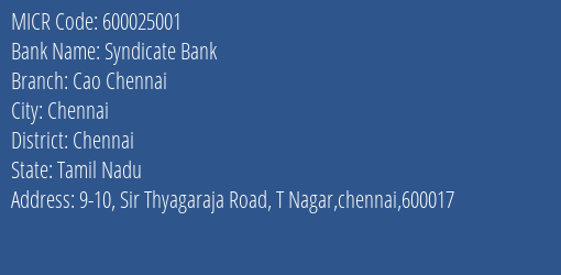 Syndicate Bank Cao Chennai MICR Code