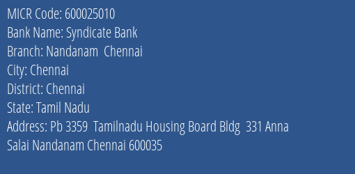 Syndicate Bank Nandanam Chennai MICR Code