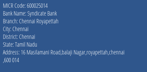 Syndicate Bank Chennai Royapettah MICR Code