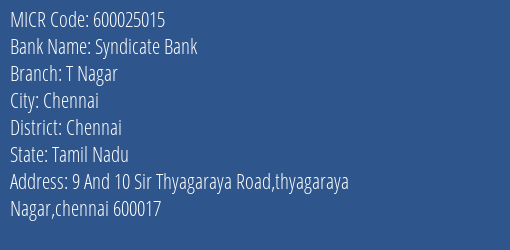 Syndicate Bank T Nagar MICR Code