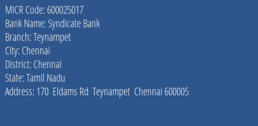 Syndicate Bank Teynampet MICR Code