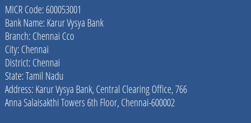 Karur Vysya Bank Chennai Cco MICR Code