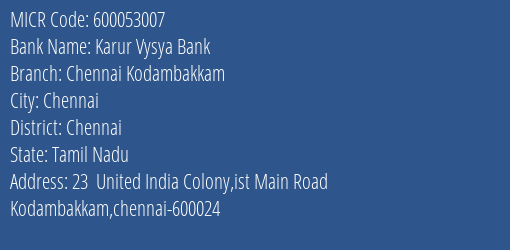 Karur Vysya Bank Chennai Kodambakkam MICR Code