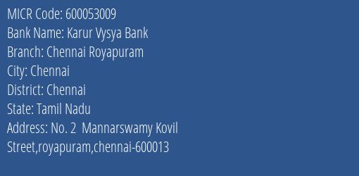 Karur Vysya Bank Chennai Royapuram MICR Code