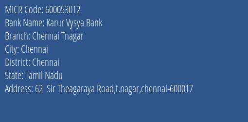 Karur Vysya Bank Chennai Tnagar MICR Code