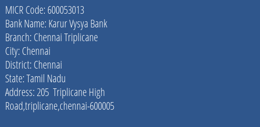 Karur Vysya Bank Chennai Triplicane MICR Code