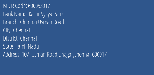 Karur Vysya Bank Chennai Usman Road MICR Code