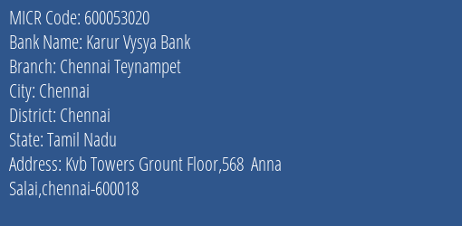 Karur Vysya Bank Chennai Teynampet MICR Code