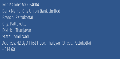 City Union Bank Limited Pattukottai MICR Code