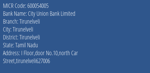 City Union Bank Limited Tirunelveli MICR Code