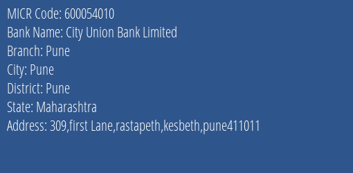 City Union Bank Limited Pune MICR Code