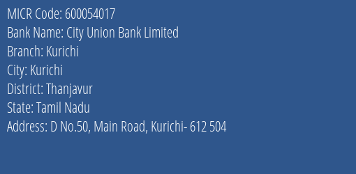 City Union Bank Limited Kurichi MICR Code
