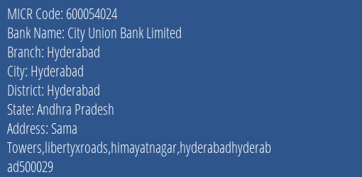 City Union Bank Limited Hyderabad MICR Code