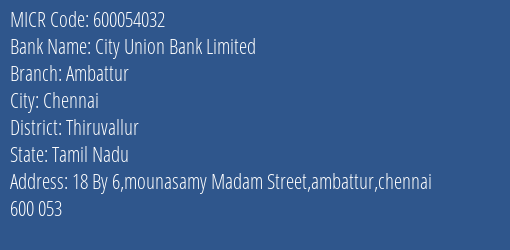 City Union Bank Limited Ambattur MICR Code
