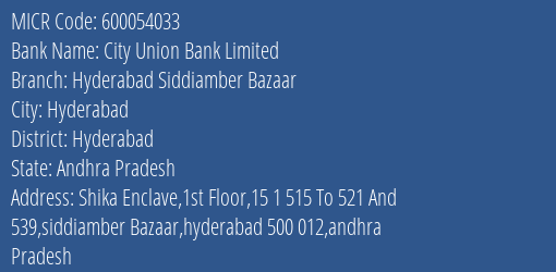 City Union Bank Limited Hyderabad Siddiamber Bazaar MICR Code