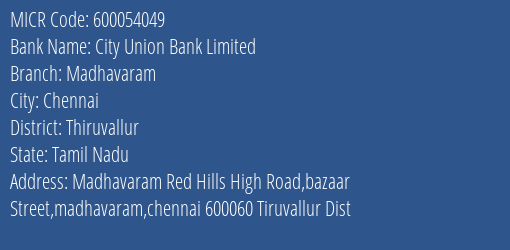 City Union Bank Limited Madhavaram MICR Code