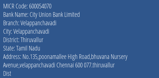 City Union Bank Limited Velappanchavadi MICR Code