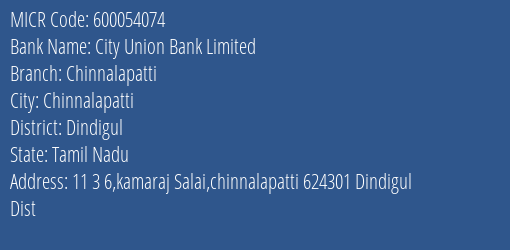 City Union Bank Limited Chinnalapatti MICR Code