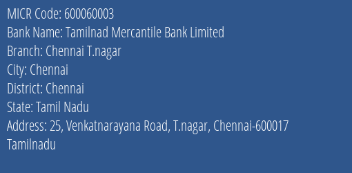Tamilnad Mercantile Bank Limited Chennai T.nagar MICR Code