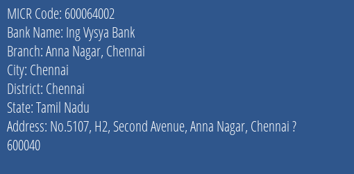Ing Vysya Bank Anna Nagar Chennai MICR Code