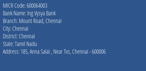 Ing Vysya Bank Mount Road Chennai MICR Code