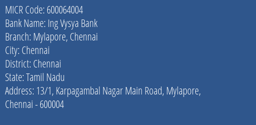 Ing Vysya Bank Mylapore Chennai MICR Code