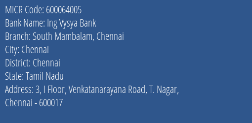 Ing Vysya Bank South Mambalam Chennai MICR Code