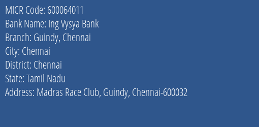 Ing Vysya Bank Guindy Chennai MICR Code