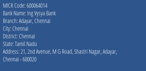 Ing Vysya Bank Adayar Chennai MICR Code