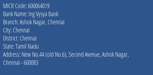 Ing Vysya Bank Ashok Nagar Chennai MICR Code