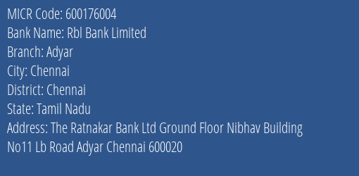 Rbl Bank Limited Adyar MICR Code