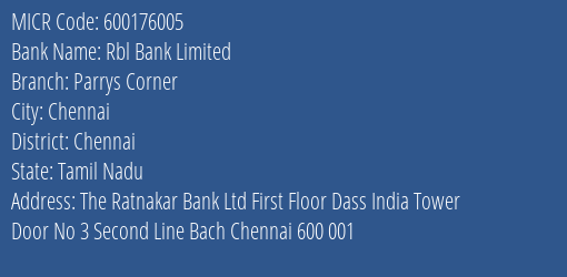 Rbl Bank Limited Parrys Corner MICR Code