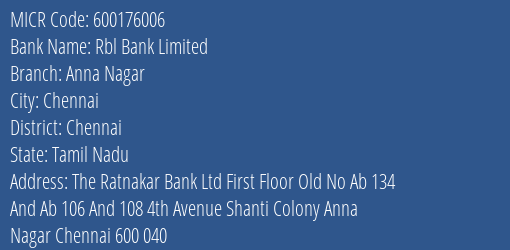 Rbl Bank Limited Anna Nagar MICR Code