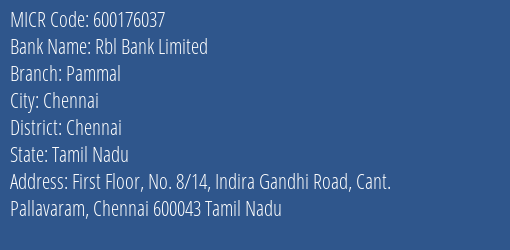 Rbl Bank Limited Pammal MICR Code