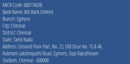 Rbl Bank Limited Egmore MICR Code
