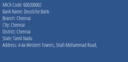 Deustche Bank Chennai MICR Code