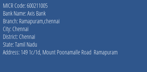 Axis Bank Ramapuram Chennai MICR Code