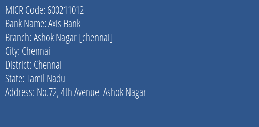 Axis Bank Ashok Nagar [chennai] MICR Code