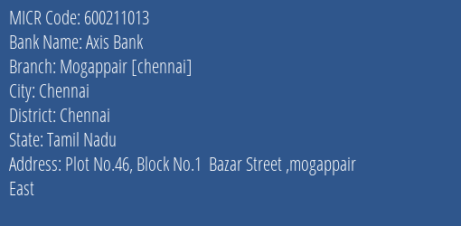 Axis Bank Mogappair [chennai] MICR Code