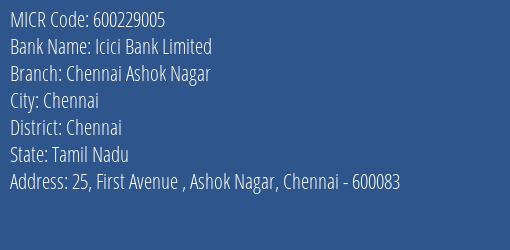 Icici Bank Limited Chennai Ashok Nagar MICR Code