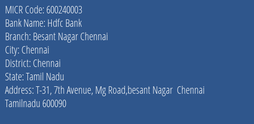 Hdfc Bank Besant Nagar Chennai MICR Code