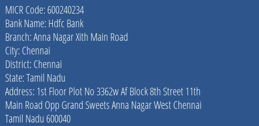 Hdfc Bank Anna Nagar Xith Main Road MICR Code