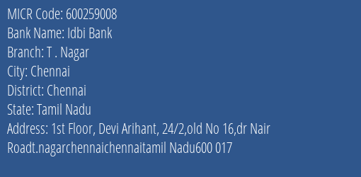 Idbi Bank T . Nagar MICR Code