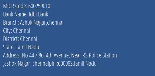 Idbi Bank Ashok Nagar Chennai MICR Code