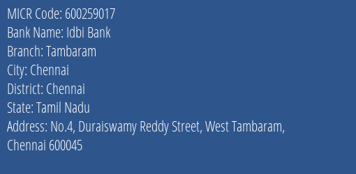 Idbi Bank Tambaram MICR Code